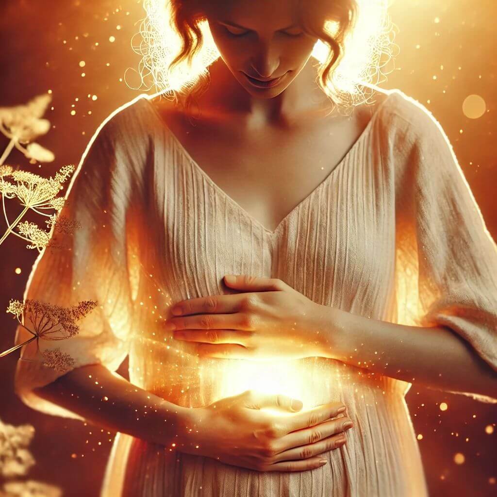 Mujer con luz dorada en el vientre, símbolo de poder interior y abundancia, introduciendo el intensivo Soberana del Dinero en la Certificación en Sexualidad Femenina Taoísta – La Mujer Oceánica | Escuela de Mujeres